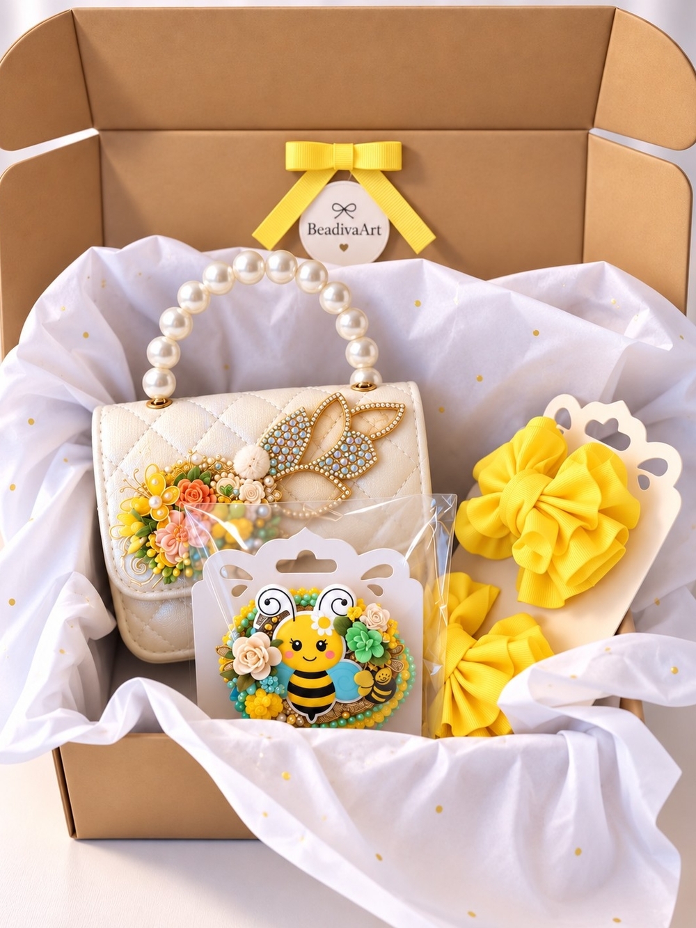 Cream Pearl-Handle Kids Purse with Yellow Bee Accessories
